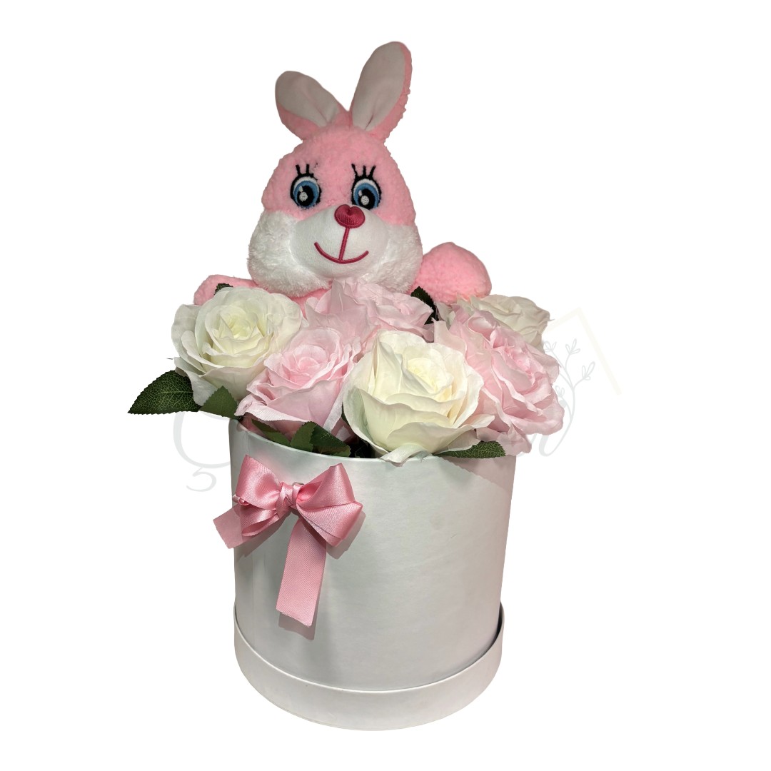 Sevimli Pembe Tavşanlı Bahar Çiçek Aranjmanı - Uşak Çiçek Evi