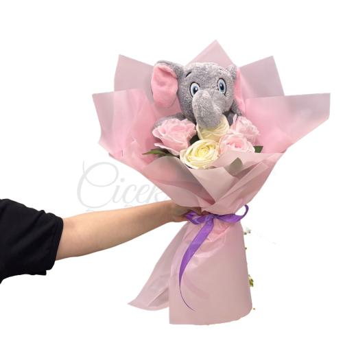 Sevimli Fil Romantik Pembe Gul Buketi